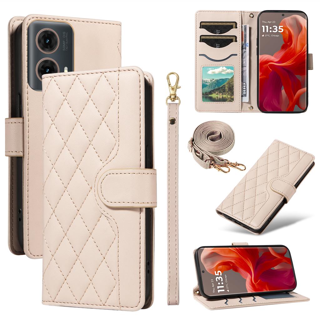 For Motorola Moto G85 5G/ S50 Neo 5G Case Wallet Rhombus Leather Phone Cover with Shoulder Strap,Wrist Strap