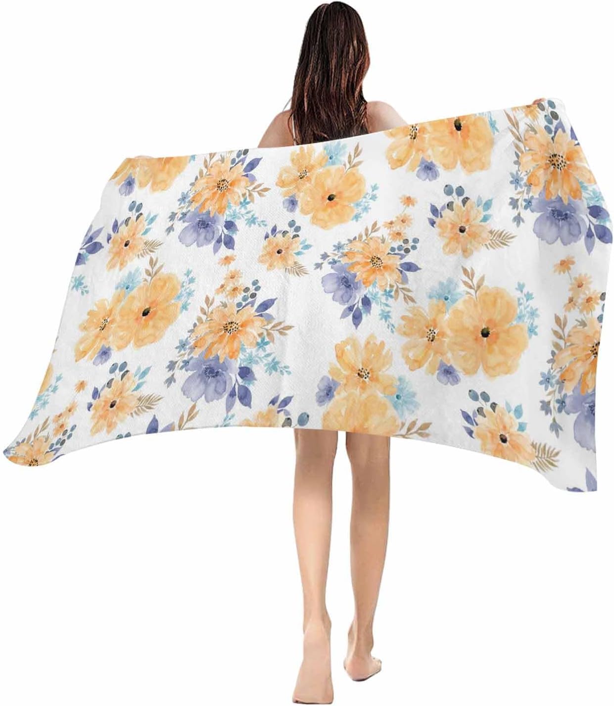 

Beach Towel Orange Watercolor Floral Bath Pool Towels Spring Flower Leaves Soft Absorbent Beach Towel Lightweight Large Quick W30*H60(CM)