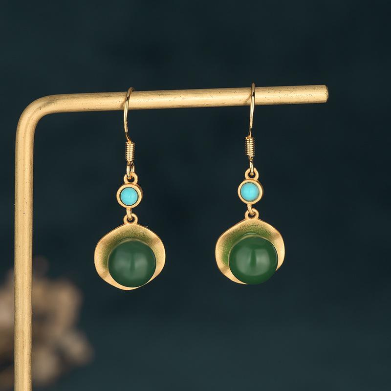 2021 New Chinese Style Gold Plated Chalcedony Agate Dangle Earrings for Women