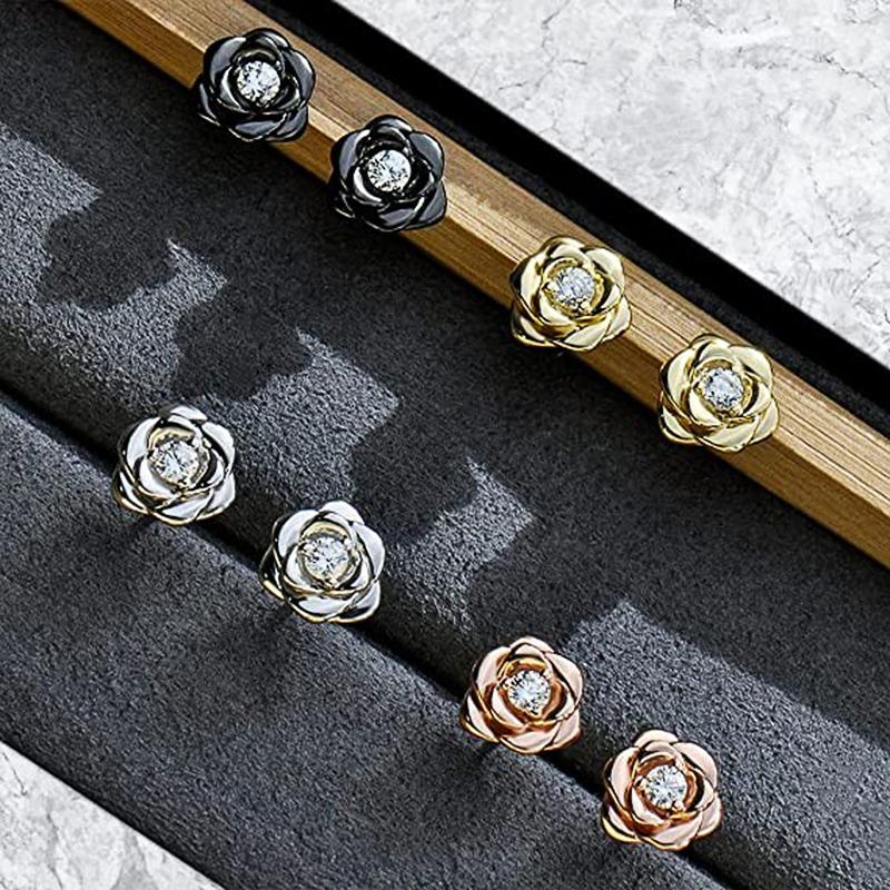 Huitan Exquisite Rose Stud Earrings for Women Luxury Sparkling Cubic Zirconia Temperament Sweet Flower Earrings Fashion Jewelry