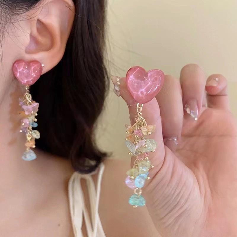 Silver Needle Pink Flower Fringed Vacation Style Earrings Summer Sweet Delicate Stud Earrings Small Fresh Design Earrings Women
