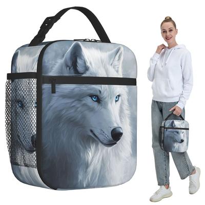 White Wolf Oil Painting Print Insulated Lunch Bag for Kids School Cooler Thermal Food Box Tote Leakproof Lunch Boxes Container