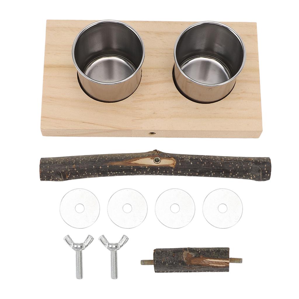 Bird Cage Feeder with Perch Stand Stainless Steel Food Cup Bird Wooden Feeding Bowl for Parakeets Cockatiels