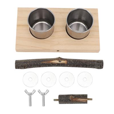 Bird Cage Feeder with Perch Stand Stainless Steel Food Cup Bird Wooden Feeding Bowl for Parakeets