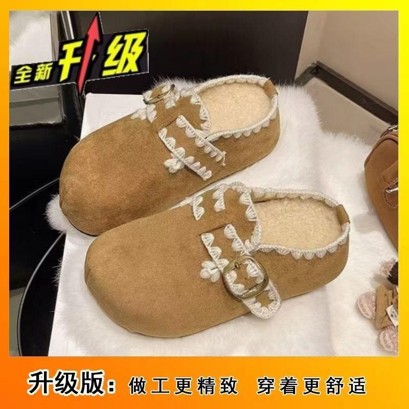 Thick-soled heightening fleece slippers for women's outer wear winter new Baotou retro casual lace Birkencotton slippers