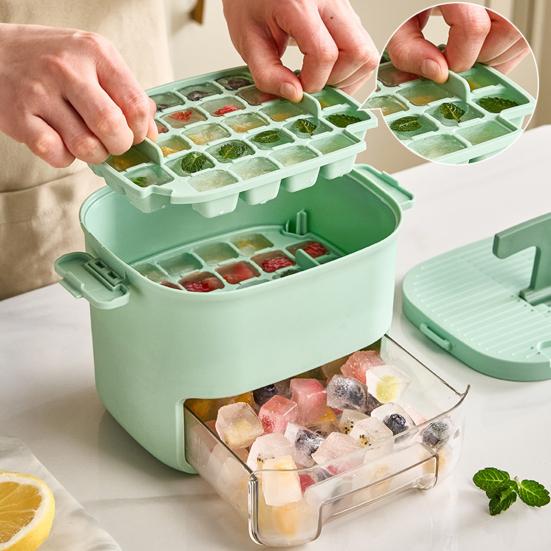 Ice Tray with Lid & Bin Press To Release 52 Cavity Ice Cube Mold for Freezer BPA-Free Stackable Ice Cube Maker for Drinks Whiskey Coffee Cocktail