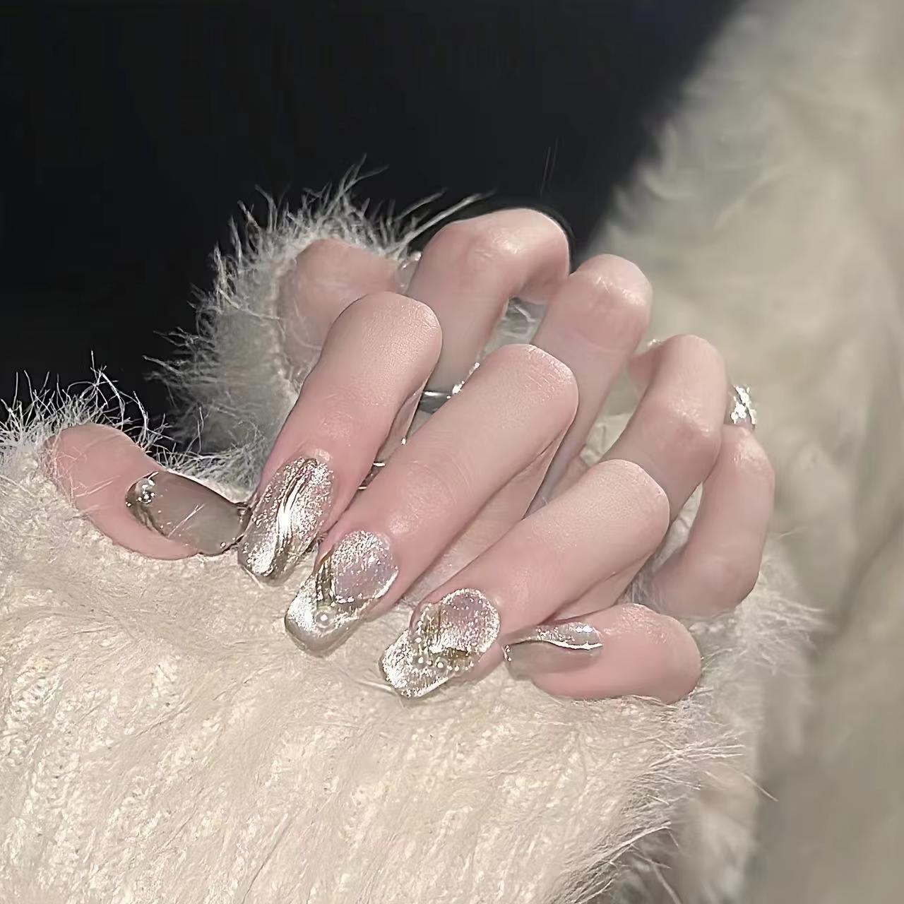 Handmade Full Cover Finished Press on Nails High End French Crystal Cat Eye Nail Stickers Reusable Detachable XS
