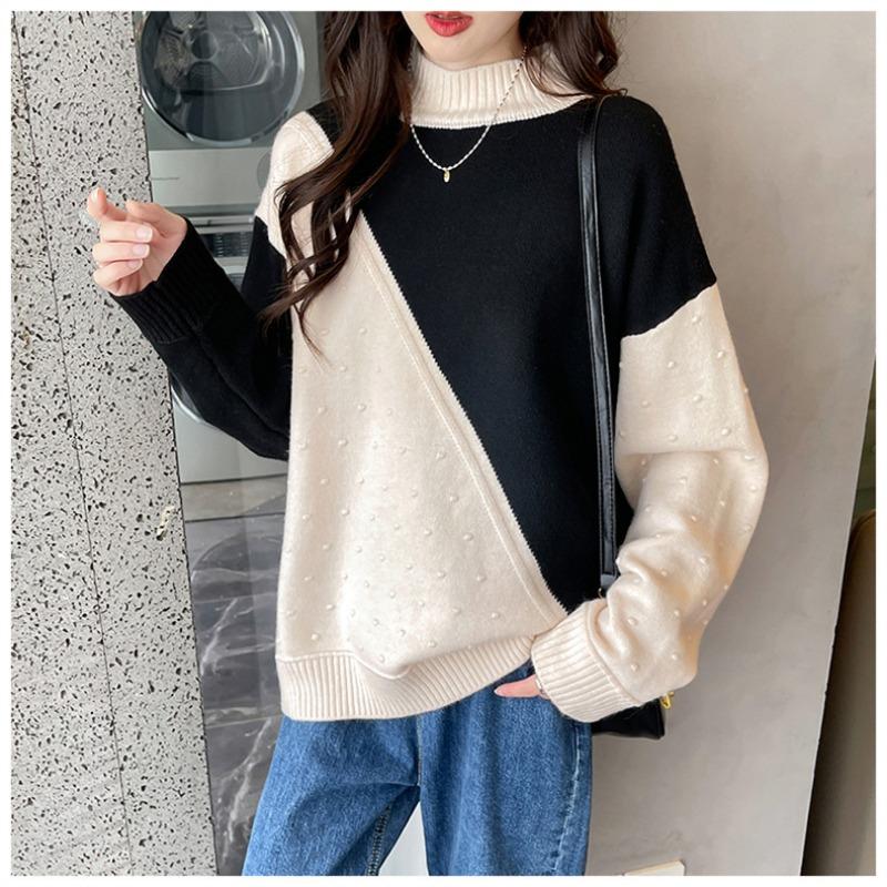 Autumn and winter new color matching knitted bottoming shirt for women with semi-turtleneck loose and lazy sweater for women