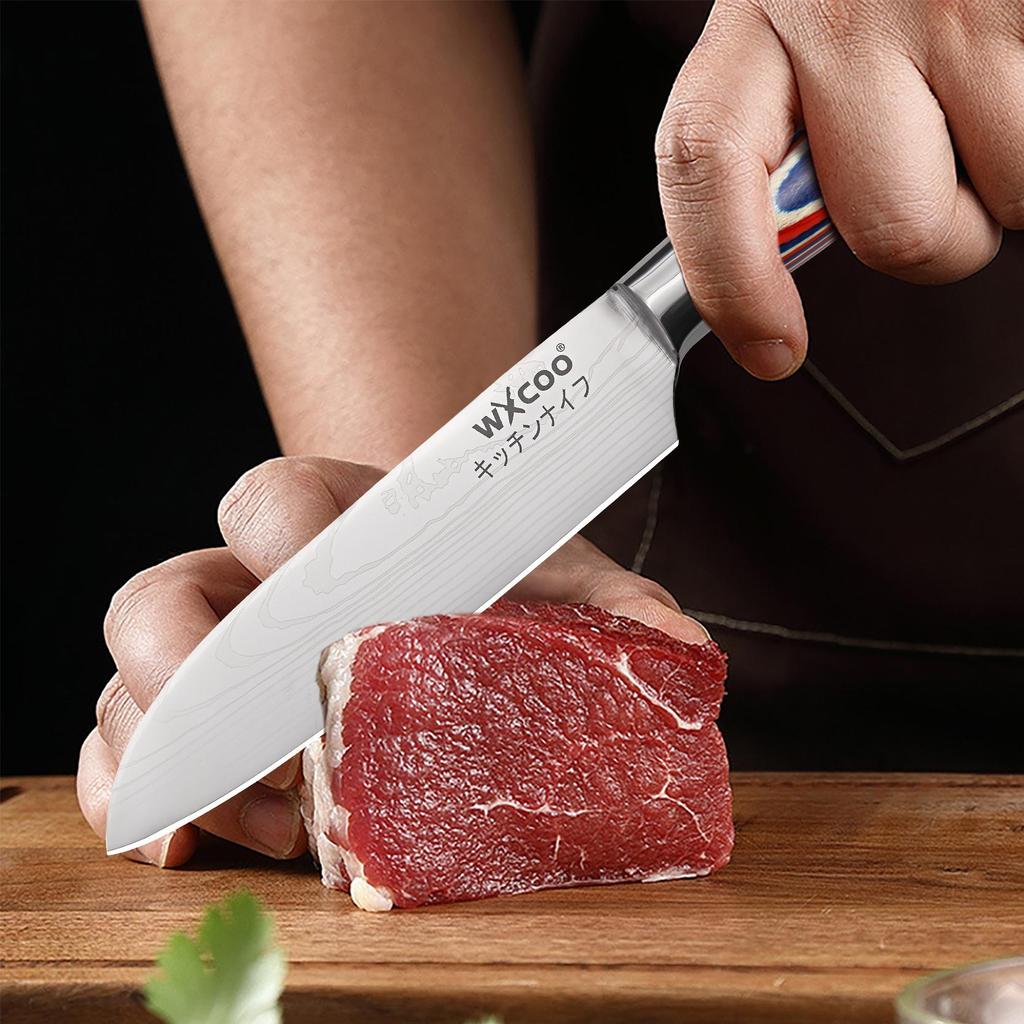 Professional Japanese Chef's Knife Damascus Steel Pattern Santoku Knife Sharp Enough for Slicing Meat Fish Fruit Kitchen Cleaver