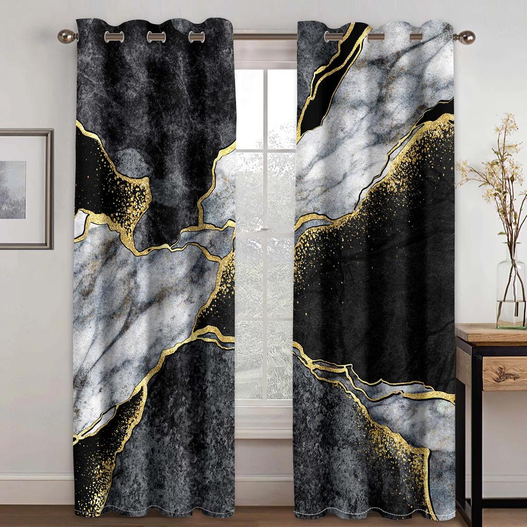 3D Moderne Klassisk Marmor Grønt Gull Elegant Grå 2 Panel Tynn skyggelegging Polyester Vindusgardin for soverom Stueinnredning