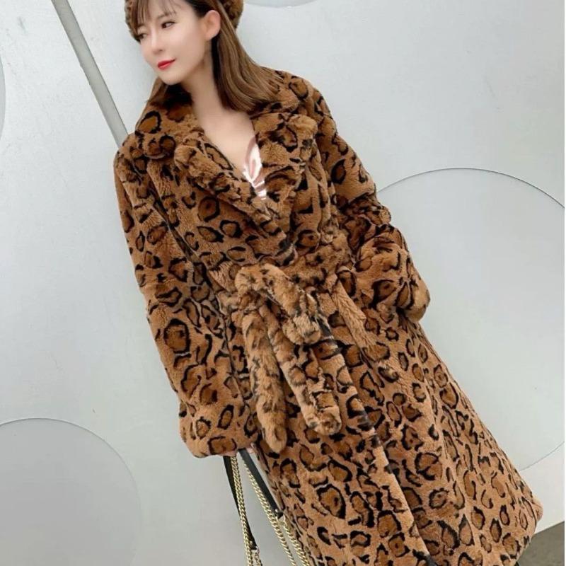 suit collar fur waist long leopard print coat loose imitation fur jacket women autumn and winter