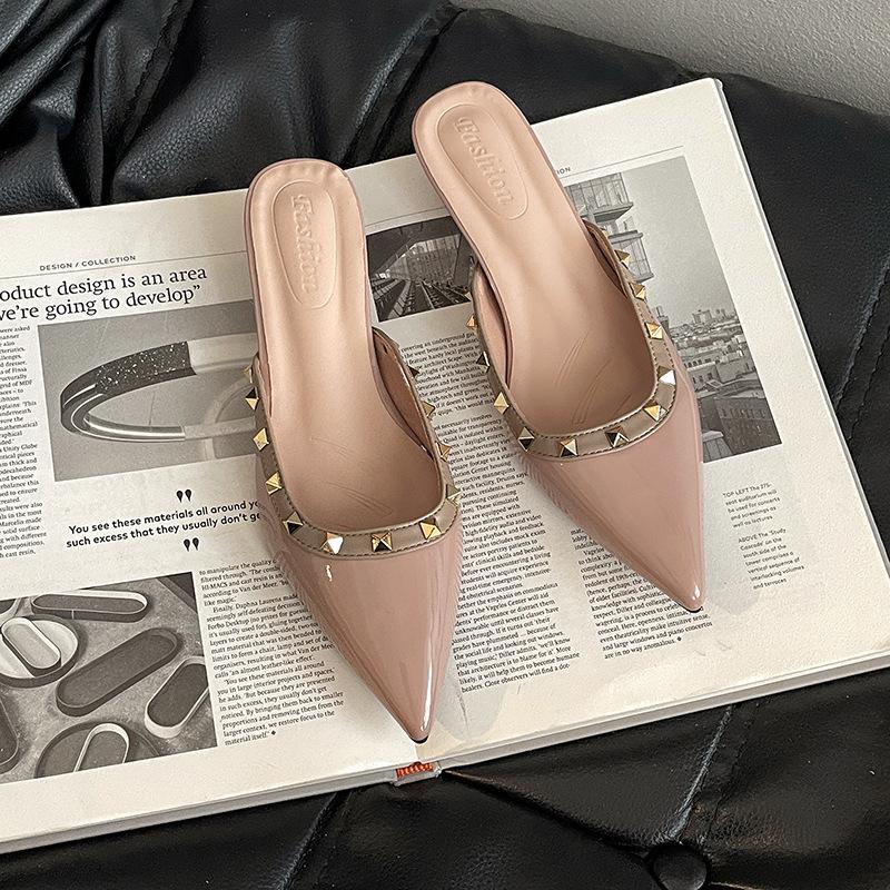 

Sexy rear empty slippers rivet edge single shoes women s summer explosion French apricot medium heel bag head wedge heel sandals women s shoes 40 верблюд