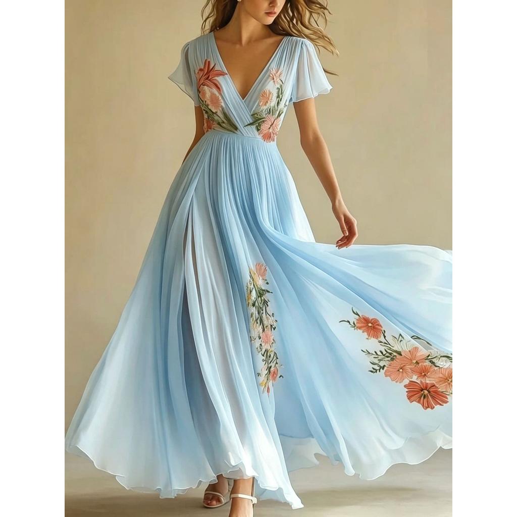 Women's V Neck Short Sleeve Maxi Dress Loose Fit High Waist Sweet Floral Print Chiffon A-Line Dress