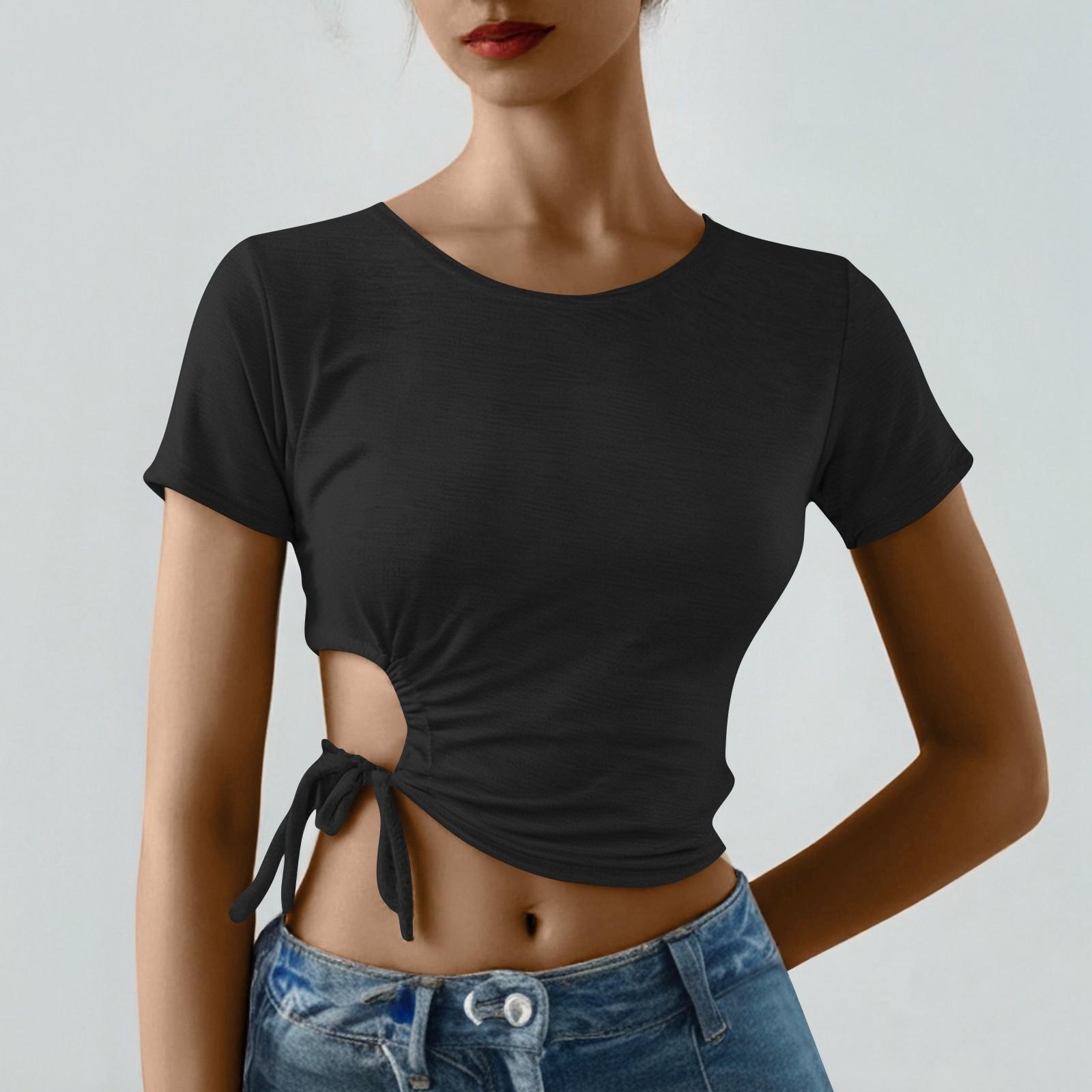 

Женский однотонный топ с круглым вырезом и короткими рукавами, облегающий топ-футболка на шнуровке с C-образной кулиской L