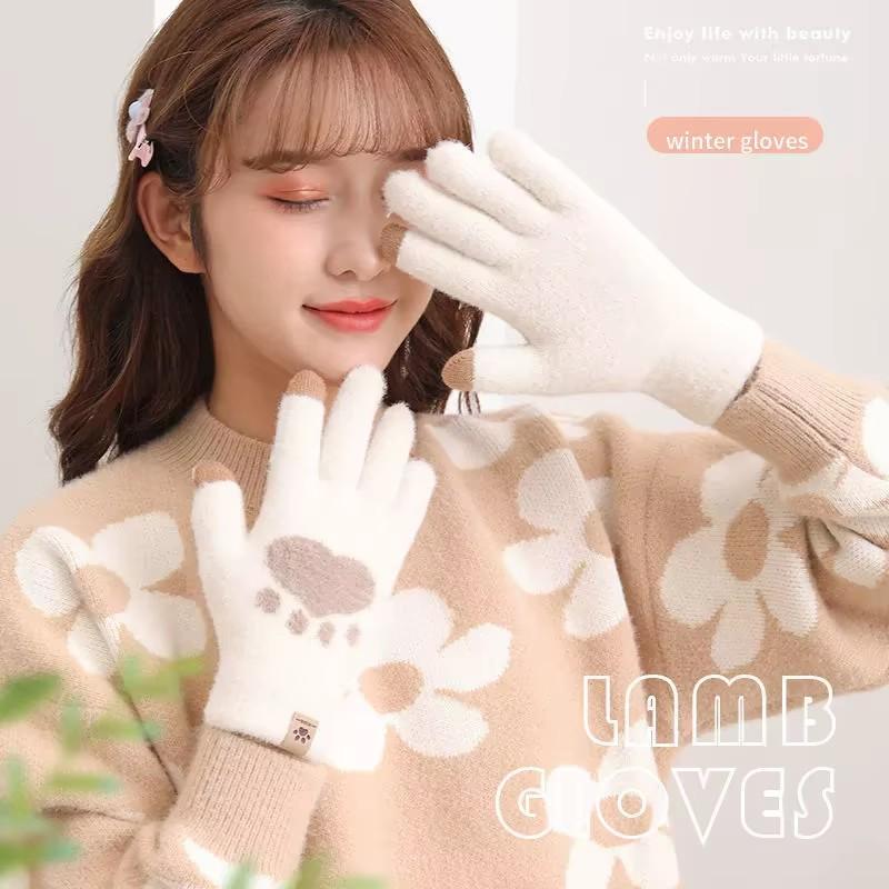Winter Katzenkratzliebe Handschuhe für Damen Plüsch Touchscreen Gestrickte Dicke Handschuhe Weiche und Flauschige Koreanische Niedliche Alle Finger Handschuhe