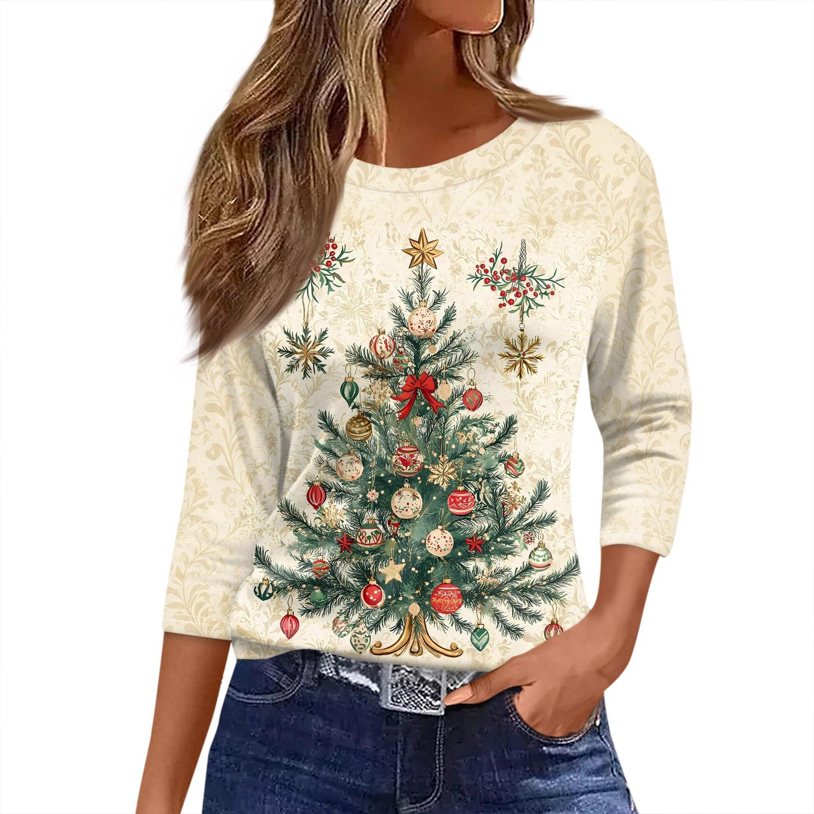 

Женская футболка с рождественским принтом, рукав 3/4, повседневная, модная, на выходные, базовая, с круглым вырезом, стандартный топ XXXL бежевый