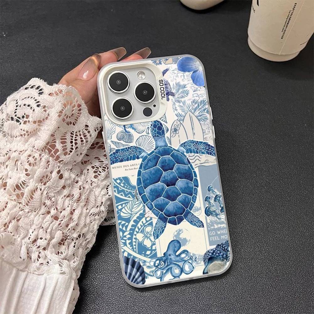Coastal Sea Star Turtle Ocean Colored Silver frosted For iPhone Phone Case 17 16 15 14 13 12 11 Pro Max XR Plus Shockproof