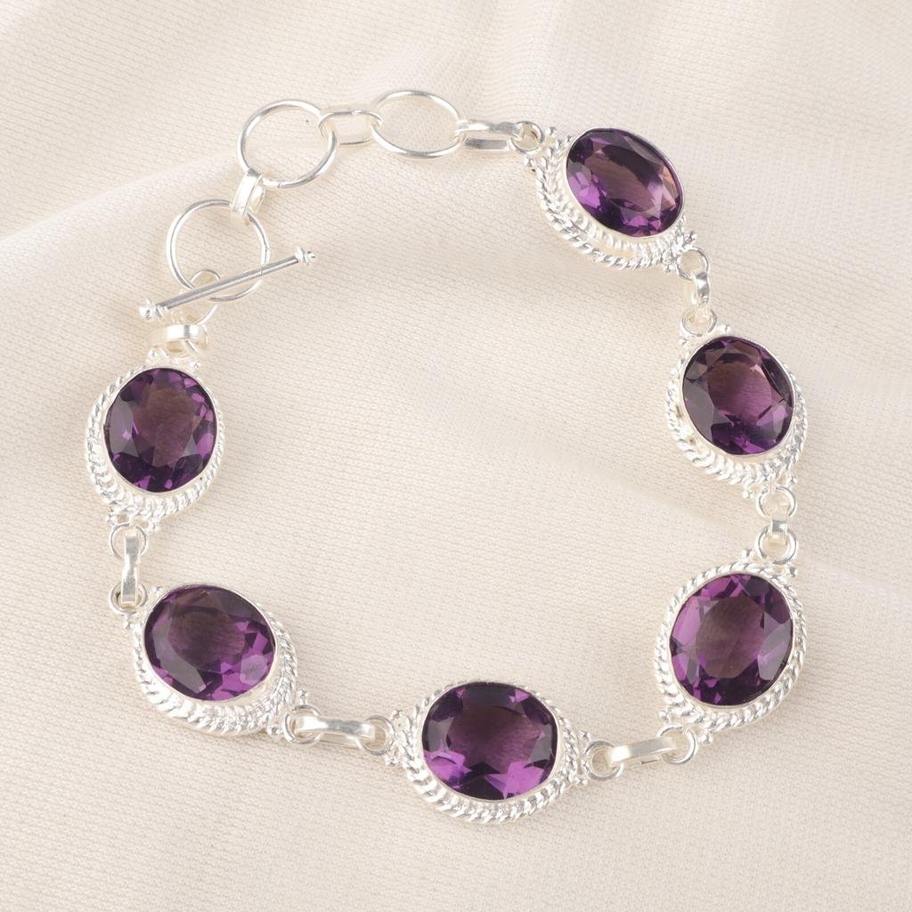 Amethyst Gemstone 925 Sterling Silver Gift Jewelry Handmade Women Bracelet 8.5" RB-2-6