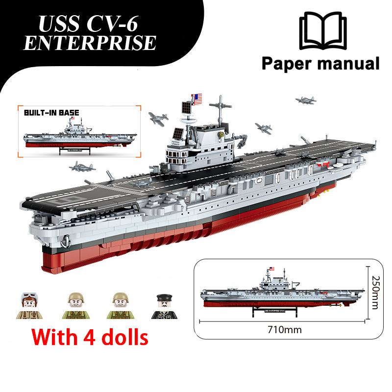 1883PCS Military Battleship Series USS CV-6 ENTERPRISE Crusier Model World War II Building Blocks Boat Bricks Toys Kids Gifts