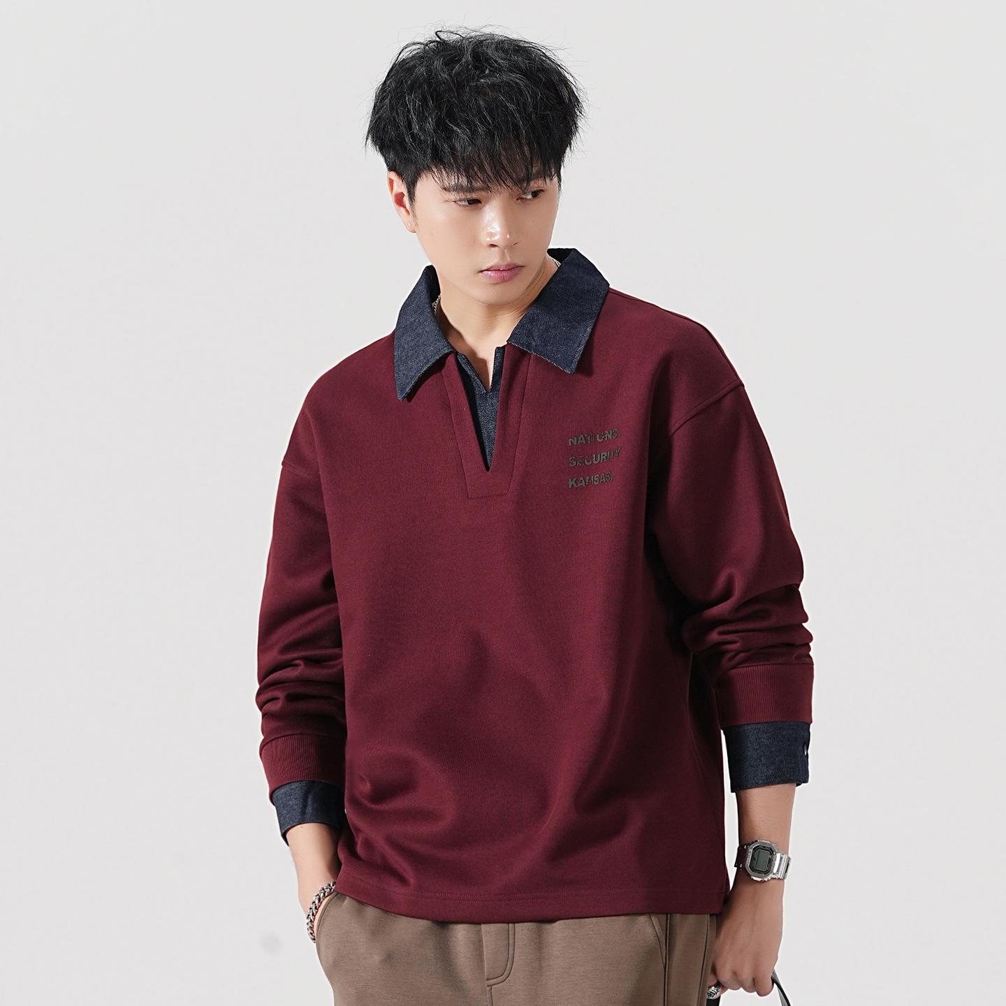 Men s Heavyweight Denim Patchwork Velvet Hoodie - American Style Lapel Polo Shirt M (110-130 Jin)