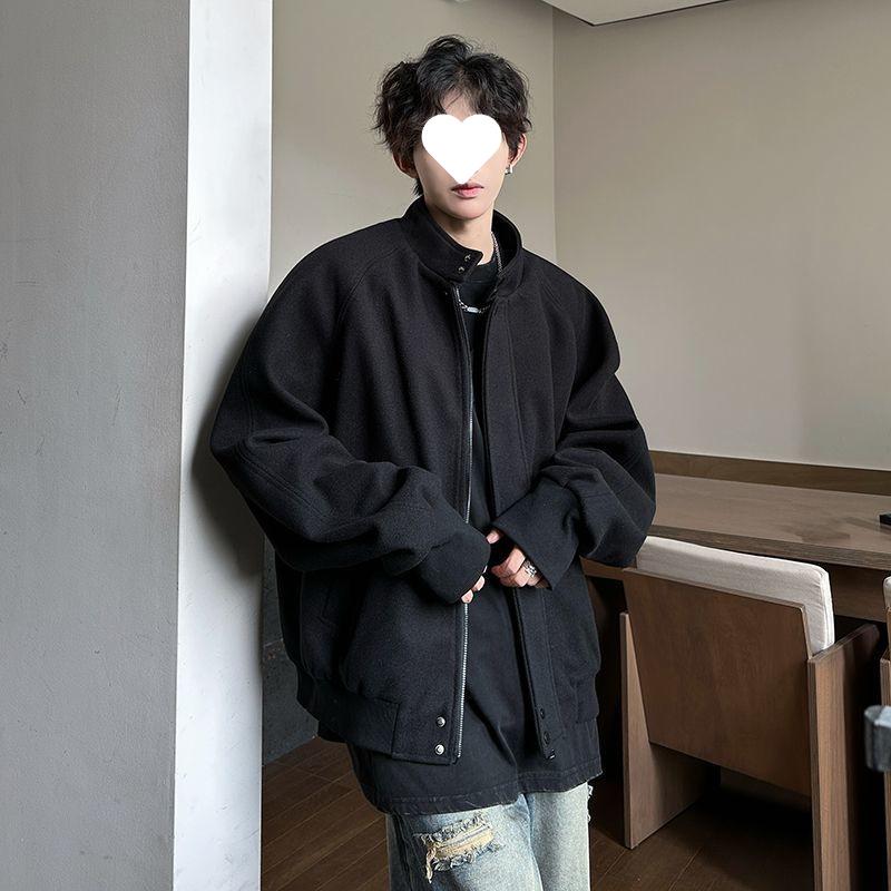 Men's Stand-Collar Woolen Coat - American Silhouette, Heavyweight Short Jacket for Spring/Autumn