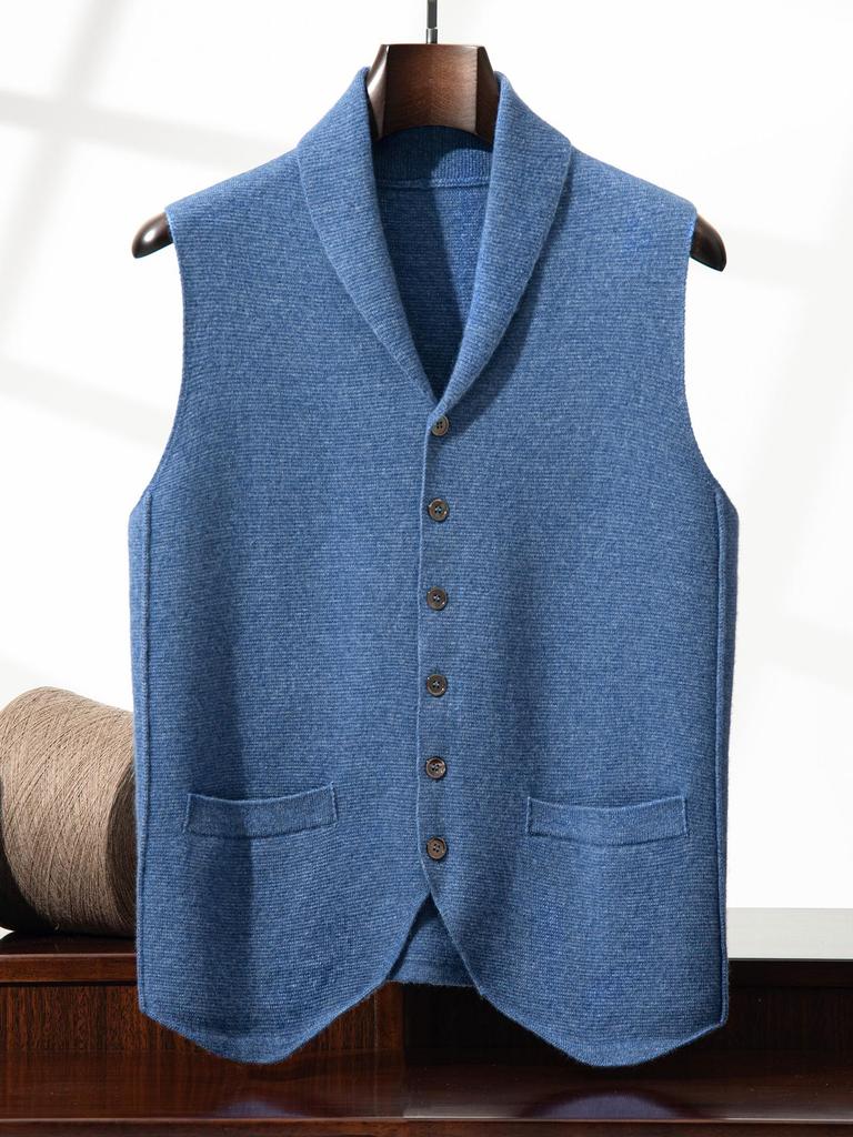 Men's Blue & Green Cashmere Vest: Button-Up Sleeveless Cardigan with Business Lapel, Casual Layering, Four-Way Stretch.