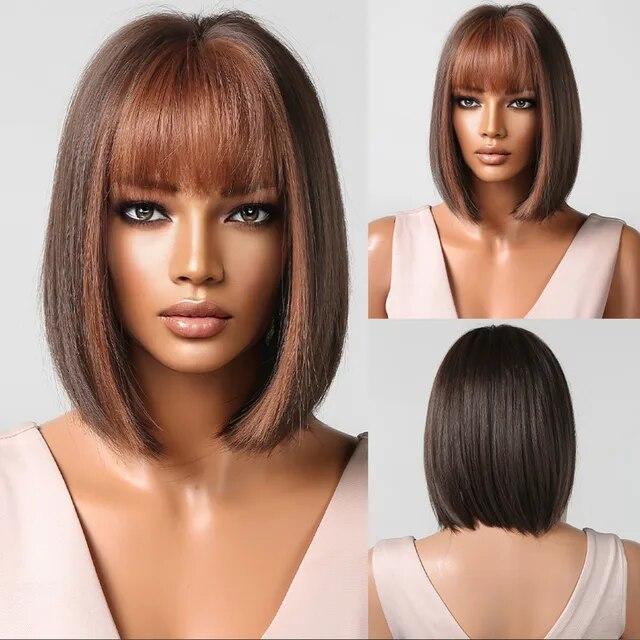 Short Orange Straight Bob Hair Synthetic Wigs with Bangs Orange Colorful Cosplay Party Wig for Women Heat Resistant Fiber Daily