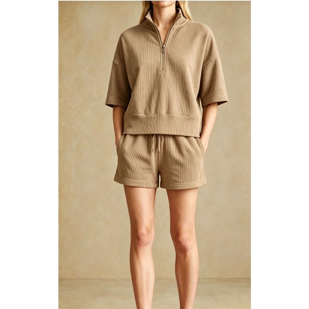 Women's Loose Tracksuit Half Zip Short Sleeve Sweatshirt Drawstring Waist Shorts