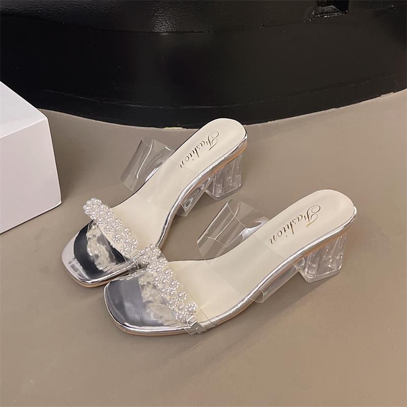 Beautiful High-heeled One-word Slippers for Women's Summer Wear 2025 New Fashion Fairy Style Transparent Thick-heeled Cool Slippers Female Tide