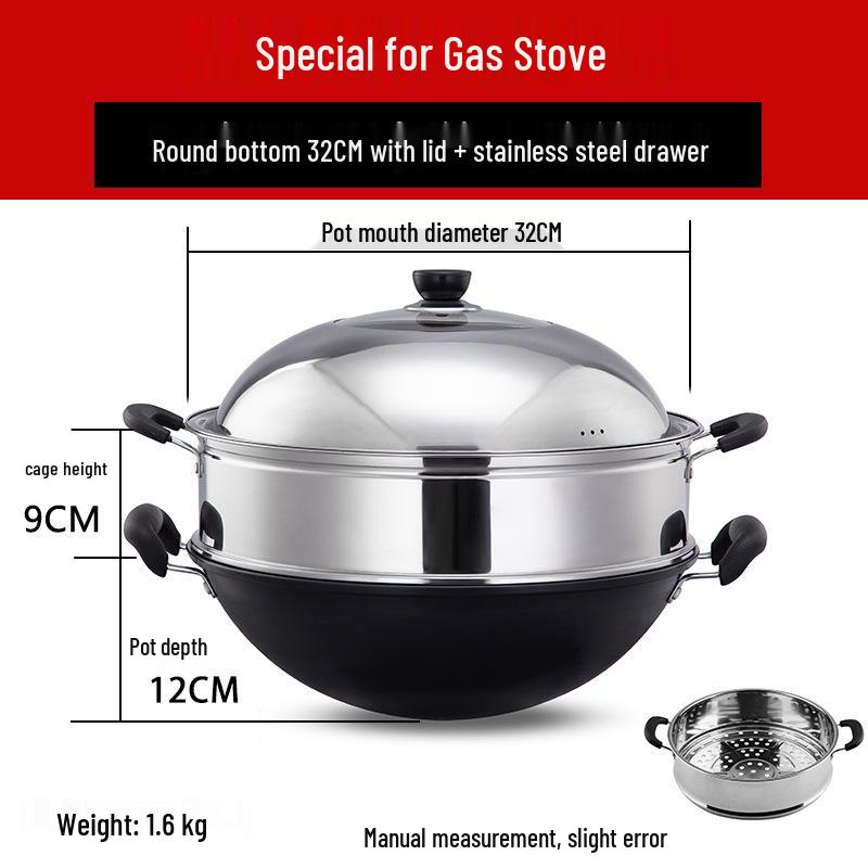 Robuster gusseiserner Wok mit zwei Griffen für Induktionskochfelder - Große Pfanne mit flachem Boden zum Braten.