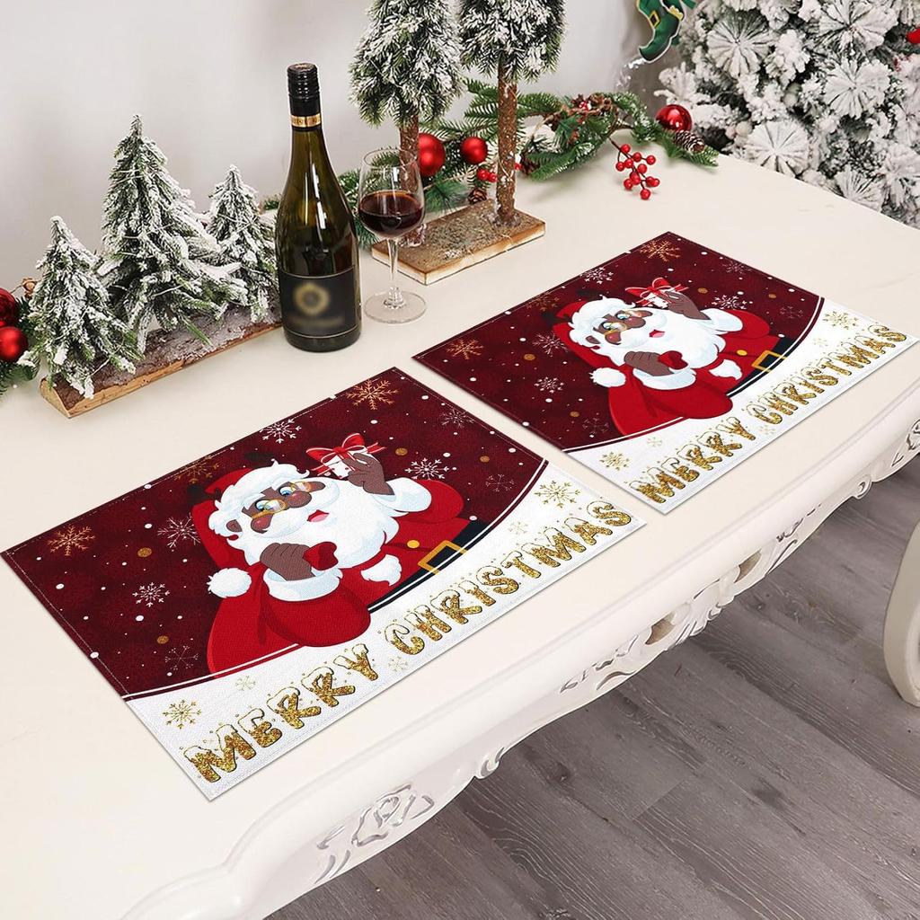 DECYOOL n n Christmas Placemats Set of 4, 12.5x17 Inch Black Santa Christmas Table Mats Merry Christmas Place Mats for Kitchen Xmas Party Winter Home