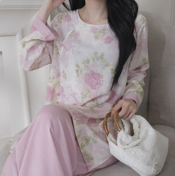 Spring/Summer new cotton silk new Chinese floral print pajamas, women's frog button loungewear, cotton silk set, vintage national style