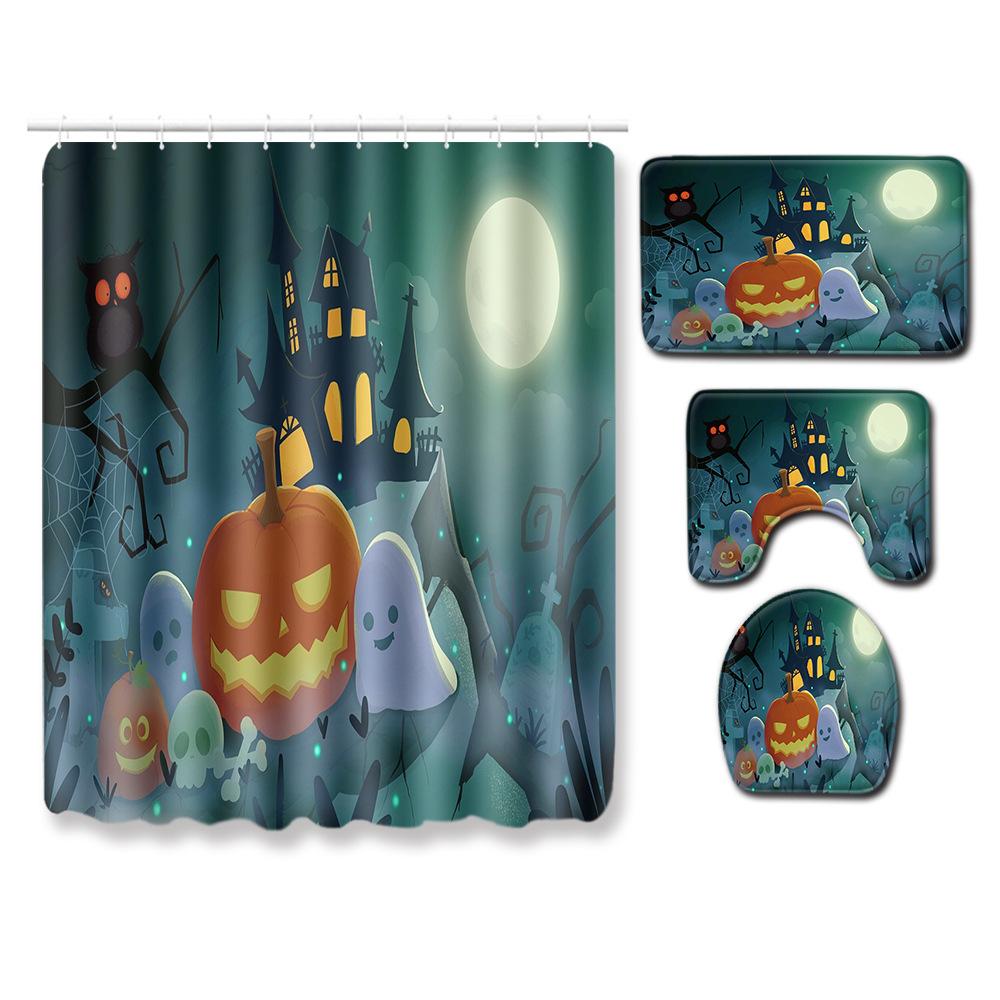 Halloween Shower Curtain Floor Mat Combination Four-Piece Set Bathroom Toilet Carpet Shower Room Foot Mat