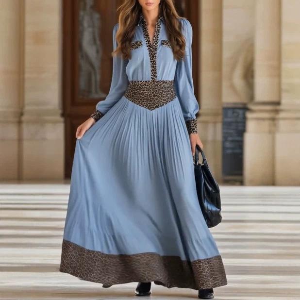 New autumn women's clothing long-sleeved long dress leopard print splicing dress European and American women's clothing