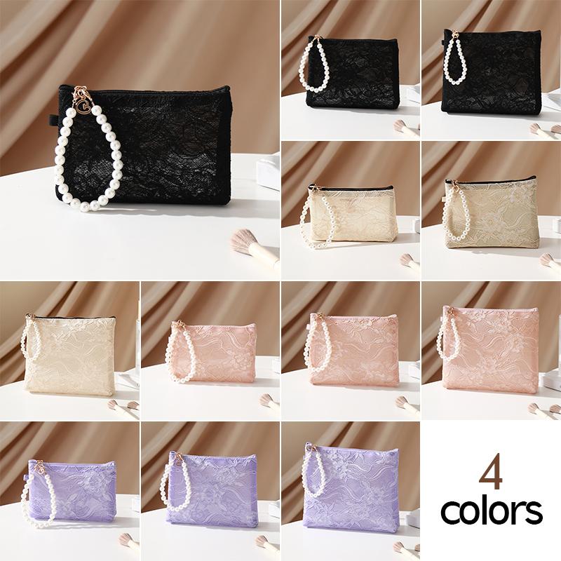 Sweet Lace Cosmetic Bag With Imitation Pearl Chain Portable Travel Toiletry Pouch Organizer For Women Makeup Keys Coin Purse