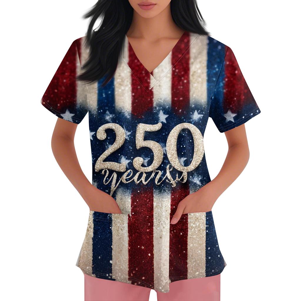 Damen V-Ausschnitt Unabhängigkeitstag Aufdruck Kurzarm Tasche Seitenöffnung Schutzkleidung Arbeitshemd