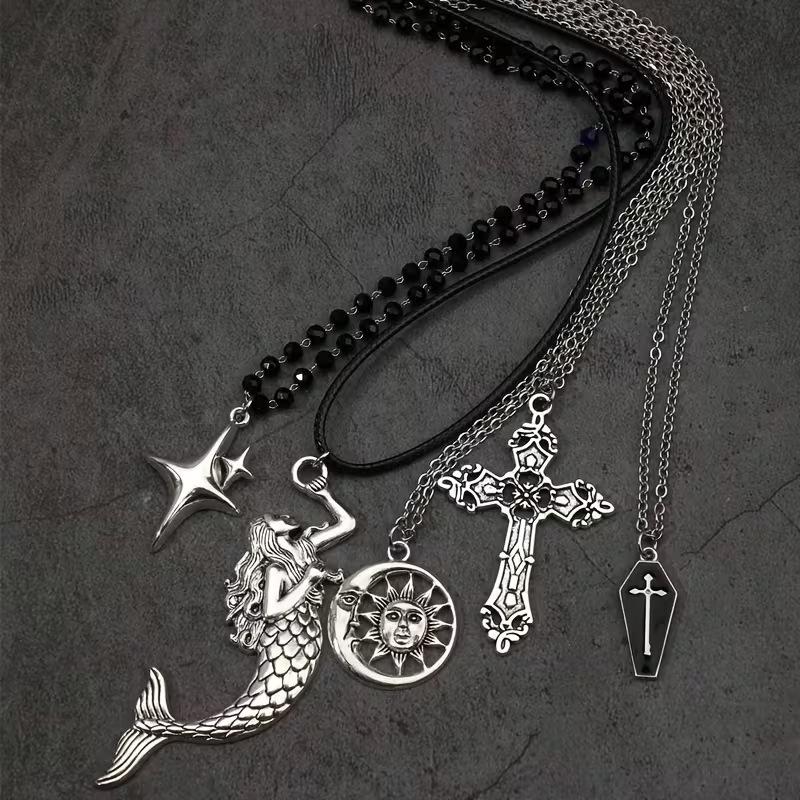 Gothic Style Metal Cross Love Skull Pendant Necklace Set Y2K Personalized Love Thorn Cross Black Bead Necklace
