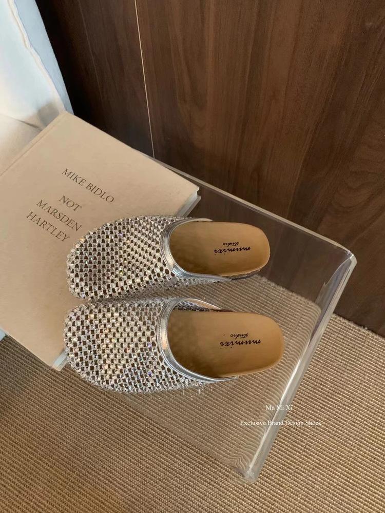 

[Armano] Шлепанцы с сеткой на толстой подошве и стразами, женские, на плоской подошве, ленивые, с педалью, пляжные, прохладные шлепанцы 40 серебряный