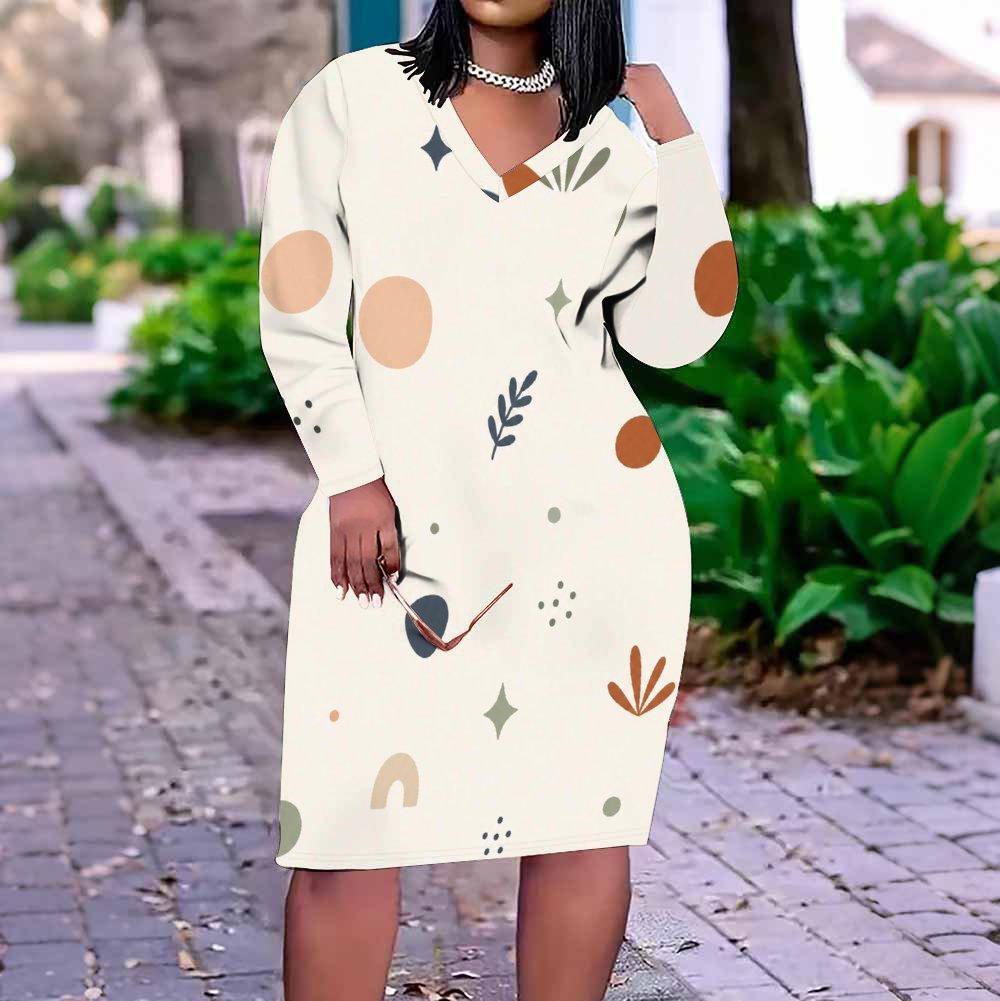 Damen Übergröße V-Ausschnitt Langarm Bedrucktes Geometrisches Polka Dot Gerades Midi-Kleid