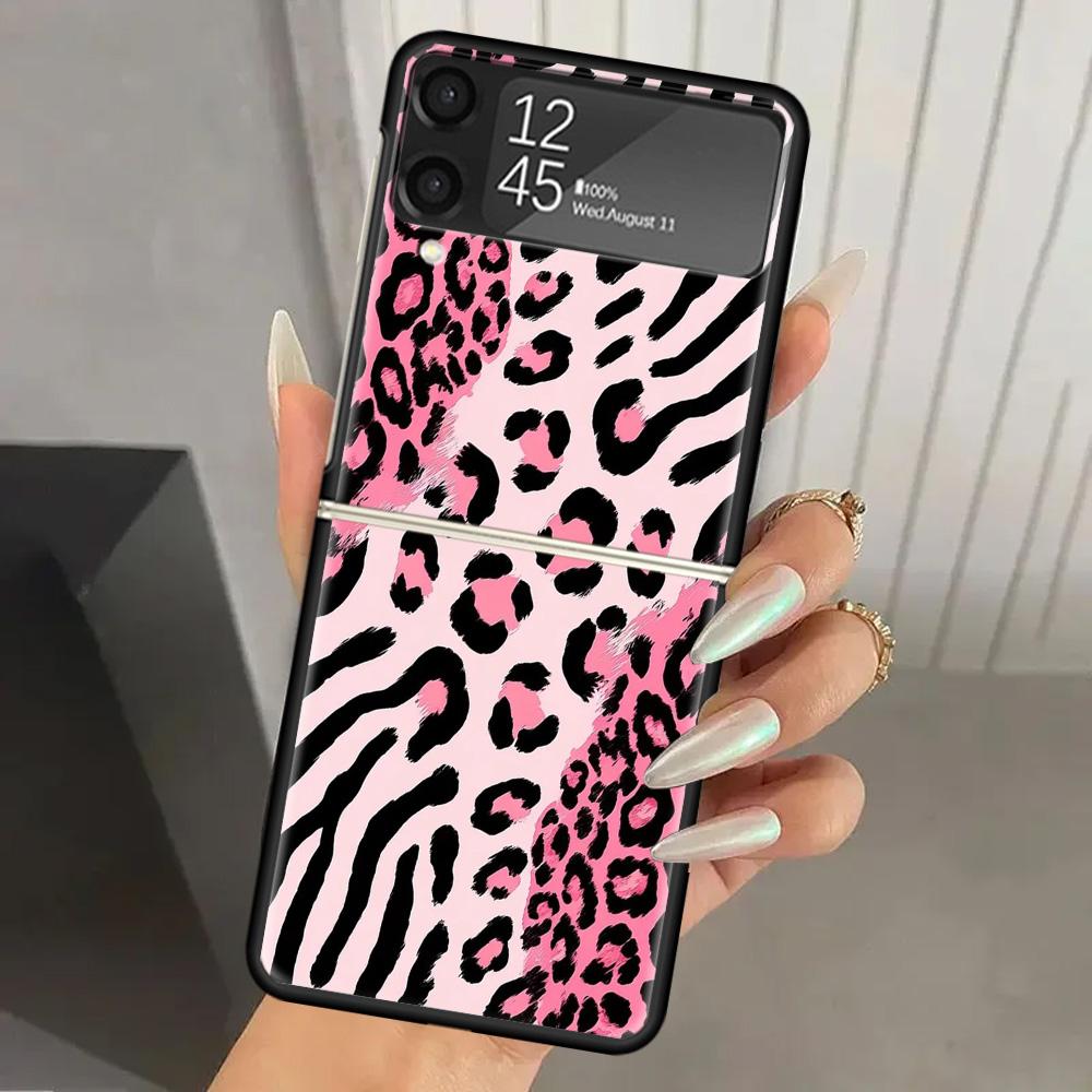 Pink Leopard Print Hard PC Phone Case For Samsung Galaxy Z Flip 7 6 5 4 3 Black ZFlip7 ZFlip6 Flip5 Flip4 Flip3 5G Print Cover