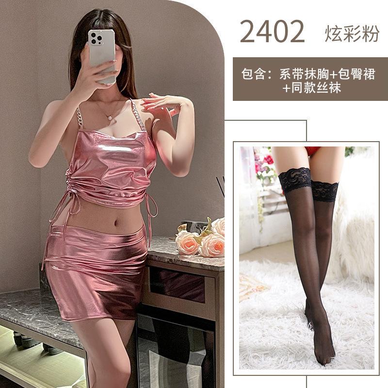 Sex underwear patent leather tight sexy hip skirt suspender backless nightclub royal sister sex uniform suit