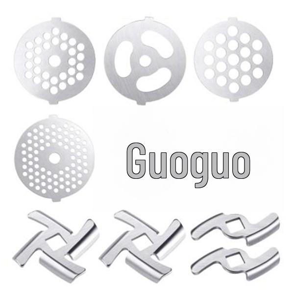 Stainless Steel Meat Grinder Accessories: Knife, Blade, Hole Plate, Sausage Stuffer, and Grinder Rod.