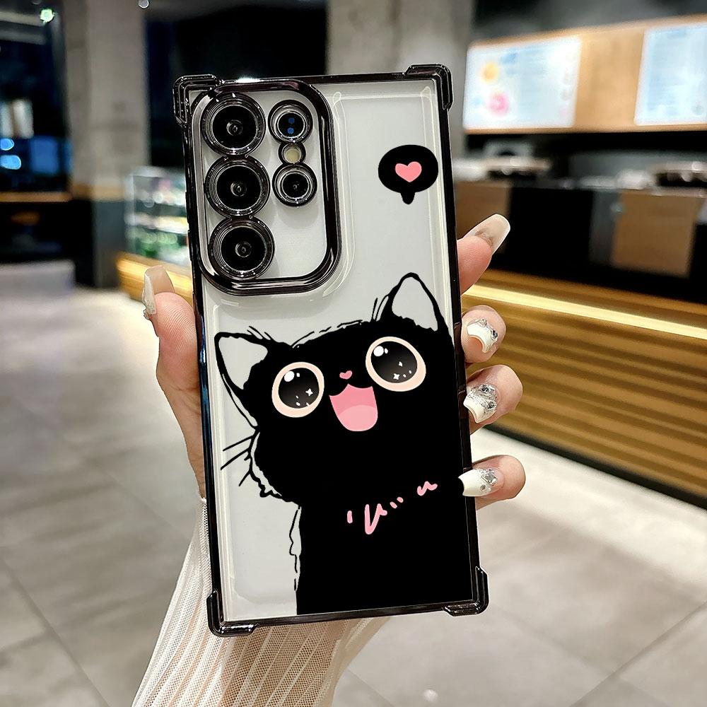 Black Cat Cartoon Art Funda For Samsung S26 Ultra Phone Case For Galaxy S25 FE S26 S24 S23 S22 S21 Ultra S20 Plus 5G Clear Cover