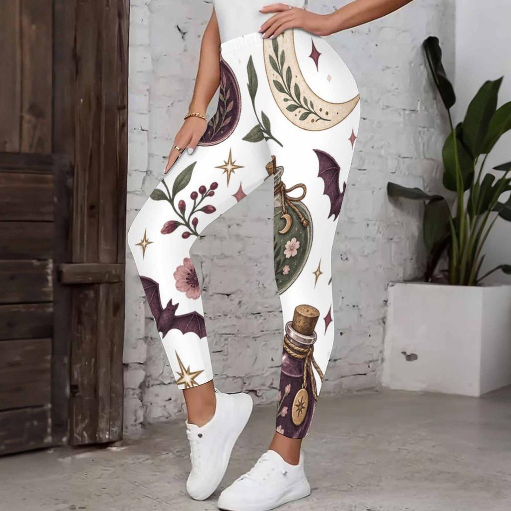 Women Plus Size High Waist Full Length Fitted White Printed Mushroom Floral Yoga Leggings
