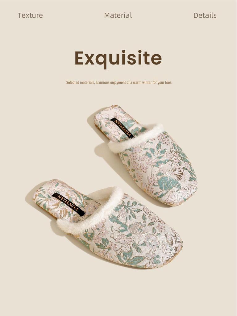 Damen Fleecegefütterte Florale Jacquard Chinesischer Stil Rutschfeste Warme Baumwollpantoffeln für Herbst und Winter