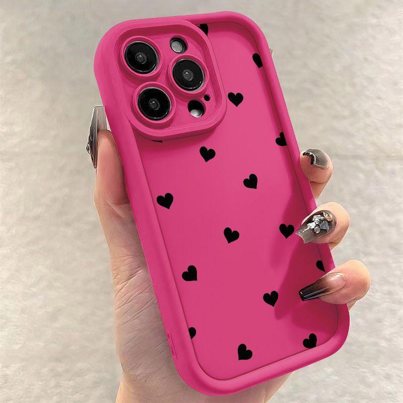 Roztomilé matné pouzdro s černým srdcem na iPhone 11-16 Pro Max Plus