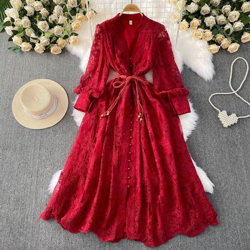 

French Style Vintage Court Style Dress Machine Embroidery Waist Slimming Long Lace Dress for Women Classy Exquisite Dress Red 2XL