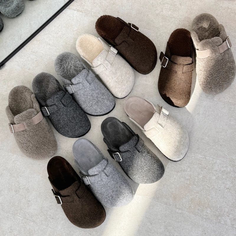 Thick-soled versatile Birkenstock slippers women's baotou in autumn and winter 2025 new felt suede one-pedal wool muller shoes