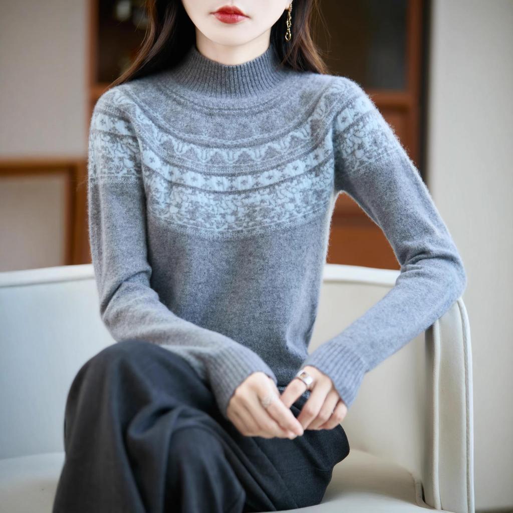 Women's Jacquard Wool Sweater: Half-High Collar, Exquisite Pattern, Loose Fit, Perfect for Autumn and Winter