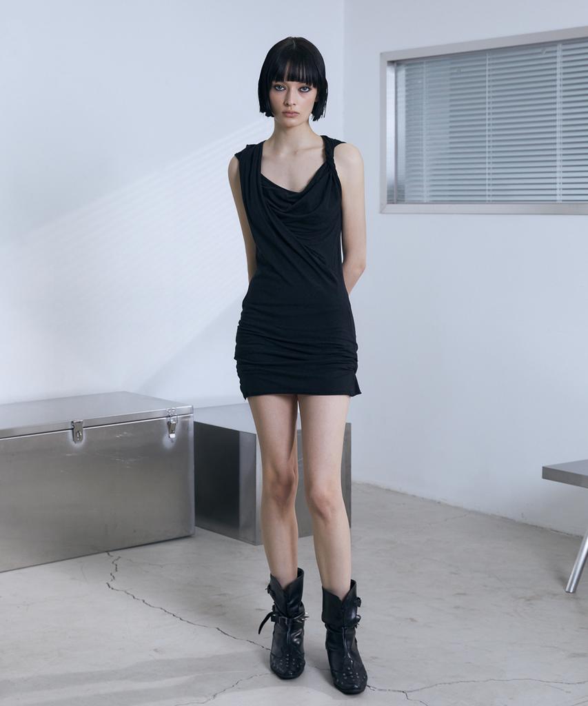 Bunteu Twist Drape Slim Mini Dress (Black)